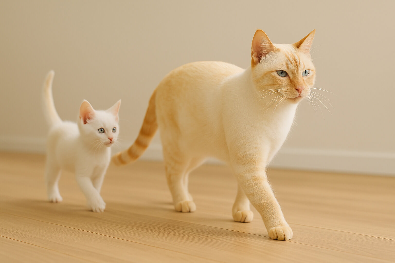 白い子猫とクリーム色の成猫