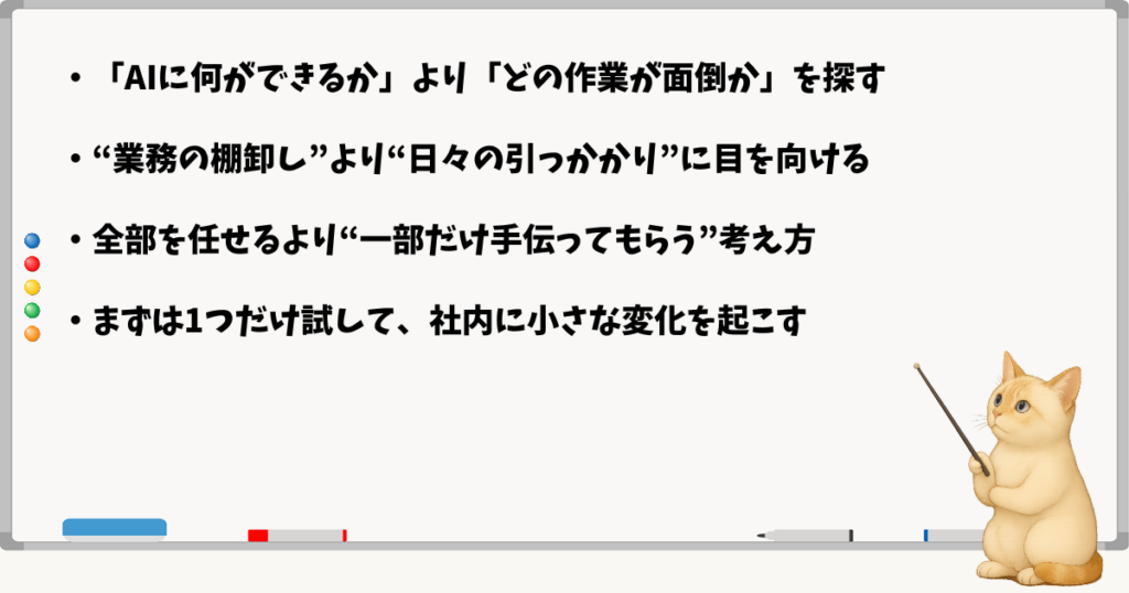 このセクションで伝える小結論：AIの機能より業務の悩みを出発点にする考え方／一部活用でも効果あり