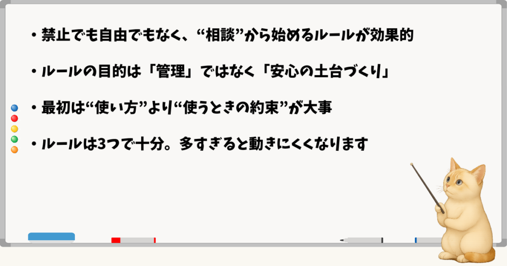 このセクションで伝える小結論：使う前に簡単なルールを設けておくと安心感が生まれる／禁止でも自由でもない“相談型”が最初の一歩