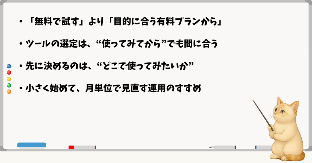 このセクションで伝える小結論：ツールを比較する前に、何から使うか決める／無料ではなく有料で始めると現場で安心／まず1つを小さく始める