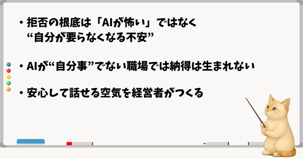 このセクションで伝える小結論：拒否の背景は置いていかれる怖さ／AIが自分事になっていない／安心感があれば反対は減る