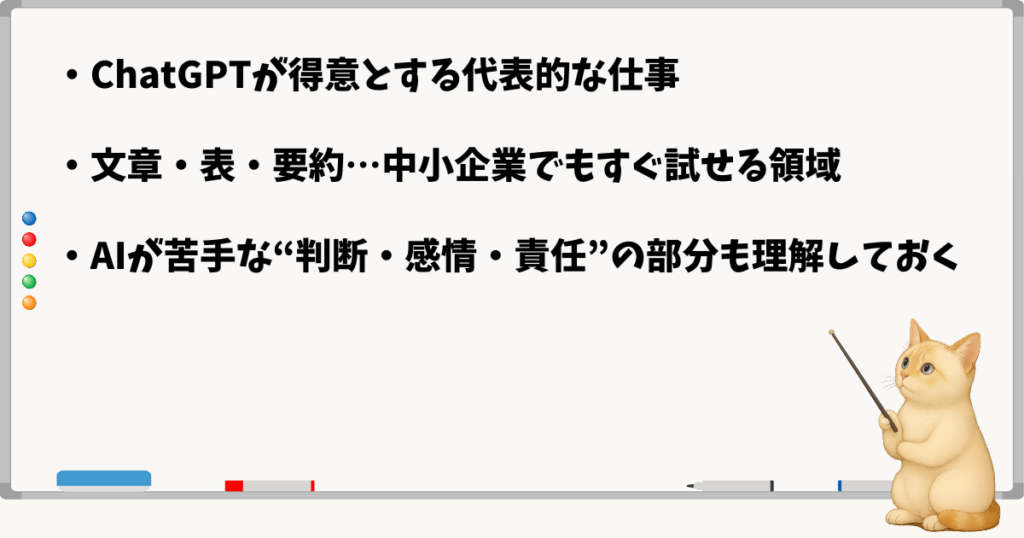 このセクションで伝える小結論：ChatGPTが得意な文章生成や要約を中心に／AIは万能ではないが実務補助には十分／最新状況を踏まえて現実的に理解する