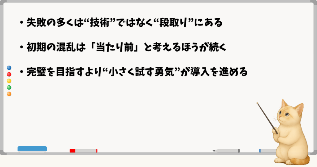 このセクションの結論：失敗の多くは段取りにある／初期の混乱は当たり前／小さく試す勇気が導入を進める