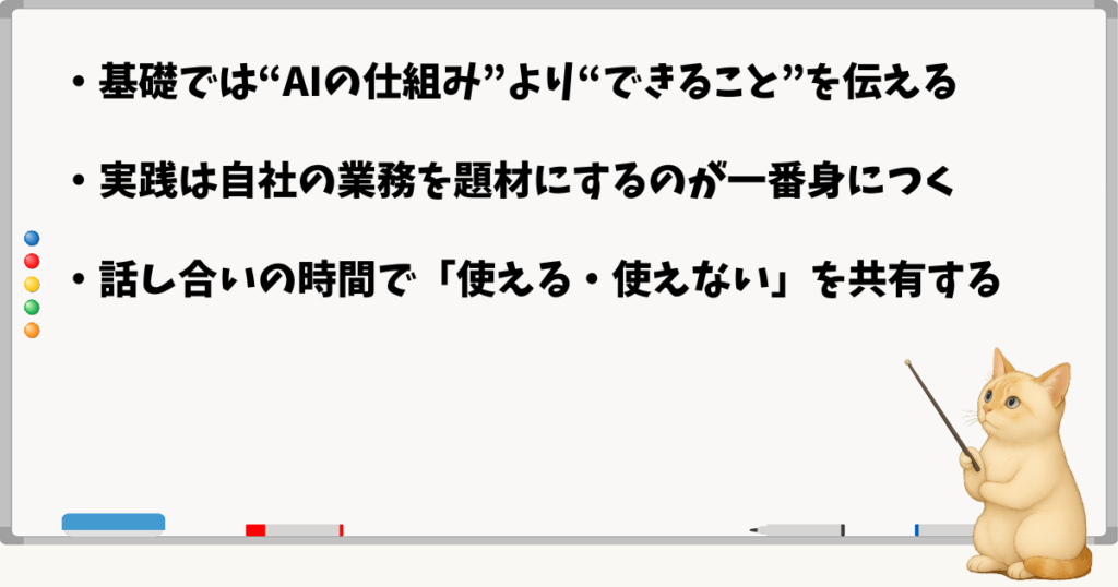 このセクションの結論：AIの基礎は最低限でよい／実践は自社業務に結びつける／話し合いで使い方を共有する