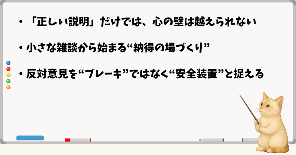 このセクションの結論：説明より対話で理解が深まる／社内で意見交換の場をつくる／反対意見を否定せず聞く