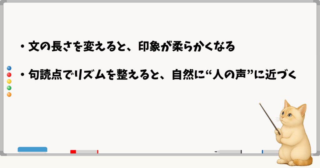 このセクションの結論：文の長さに変化をつける／句読点で呼吸を整える—均一なテンポを人に合わせる
