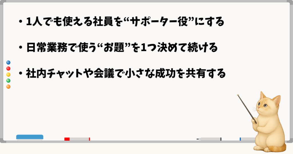 このセクションの結論：サポーター役をつくる／日常業務にお題を設定する／小さな成功を共有する