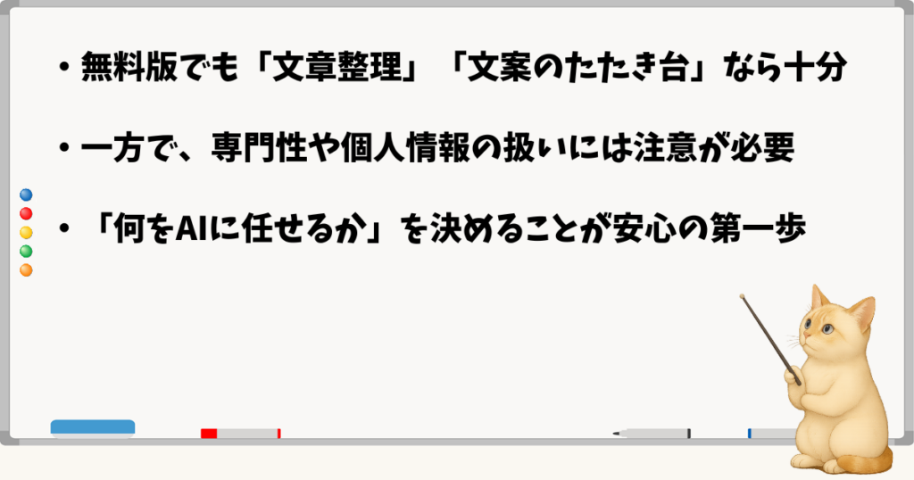 このセクションで伝える小結論:無料版でも十分試せる/専門性や機密情報は注意が必要/AIに任せる範囲を見極めることが大切