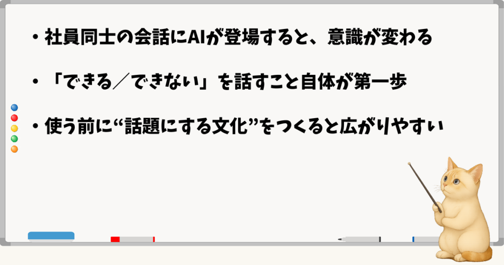 このセクションで伝える小結論:AIを話題にすることで意識が変わる/できる・できないを共有することが第一歩/社内文化として広がるきっかけになる