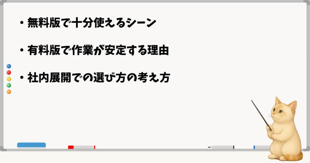 このセクションの結論:無料版で十分な場面/有料版が安定する理由/社内展開の判断基準