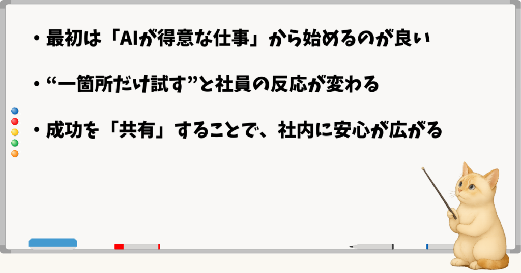 このセクションの結論：成功体験が心理を変える／AIを一箇所だけ試す／成果を全員で共有する