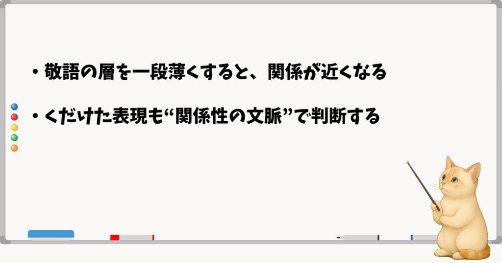 このセクションの結論：敬語の層を一段薄くする／砕け表現は関係性で調整—ちょうどよい距離感に整える