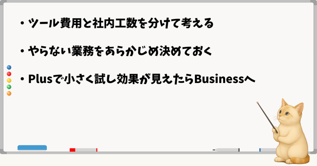このセクションの結論:ツール費用だけで判断しない/社内工数を下げる工夫が効果的/小さく始めて段階的に広げる