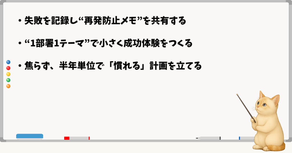 このセクションの結論：失敗を記録して共有する／小さな成功を部署ごとに積み上げる／半年単位で慣れる計画を立てる