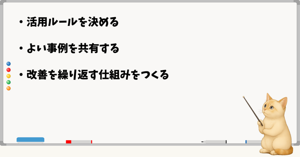 このセクションで伝える小結論:活用ルールを決める/よい事例を共有する/改善を繰り返す仕組みをつくる