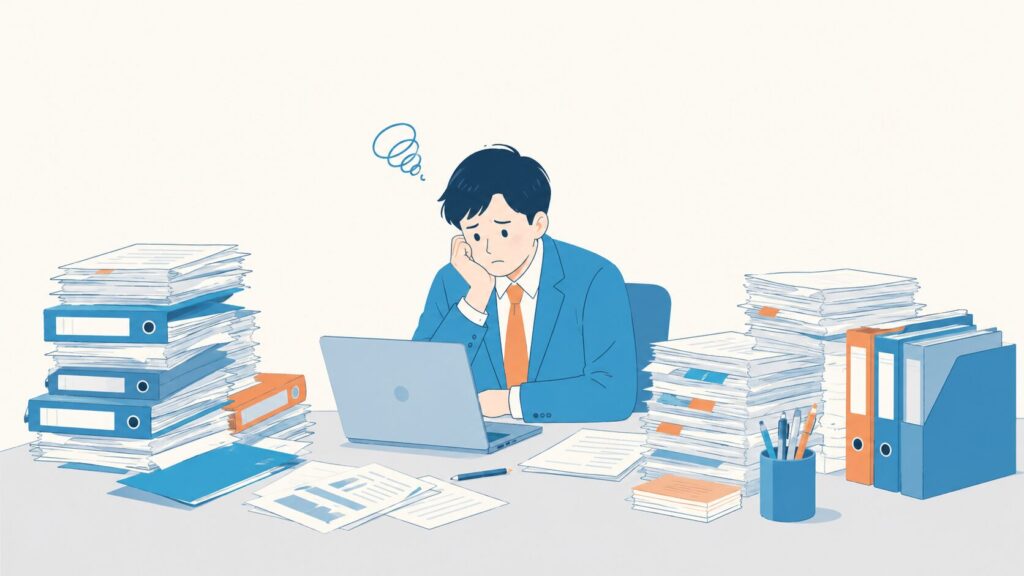 書類の山に囲まれ一人で座り、途方に暮れるオフィスワーカーのイラスト