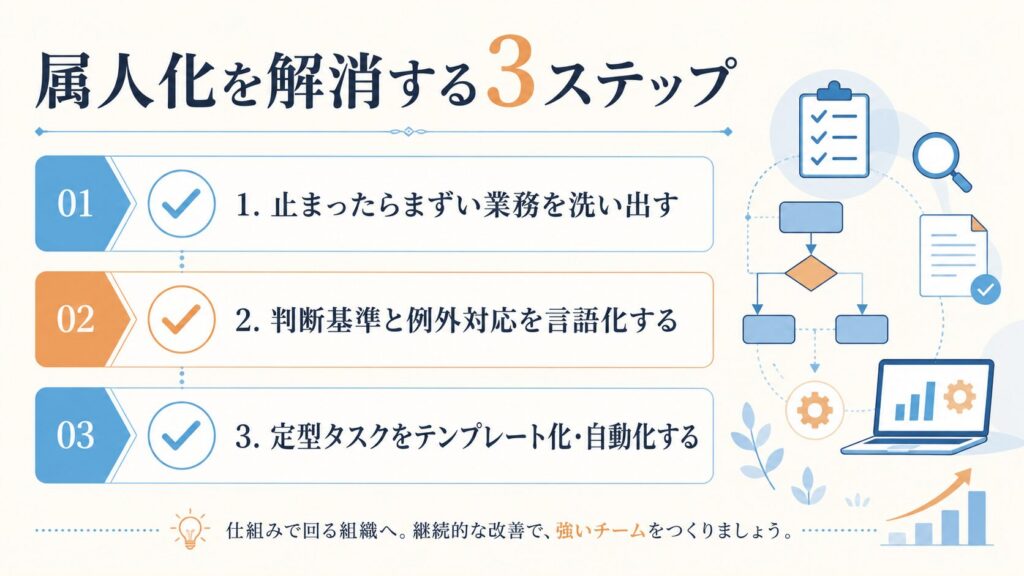 属人化を解消する3ステップ:①止まったらまずい業務を洗い出す ②判断基準と例外対応を言語化する ③定型タスクをテンプレート化・自動化する