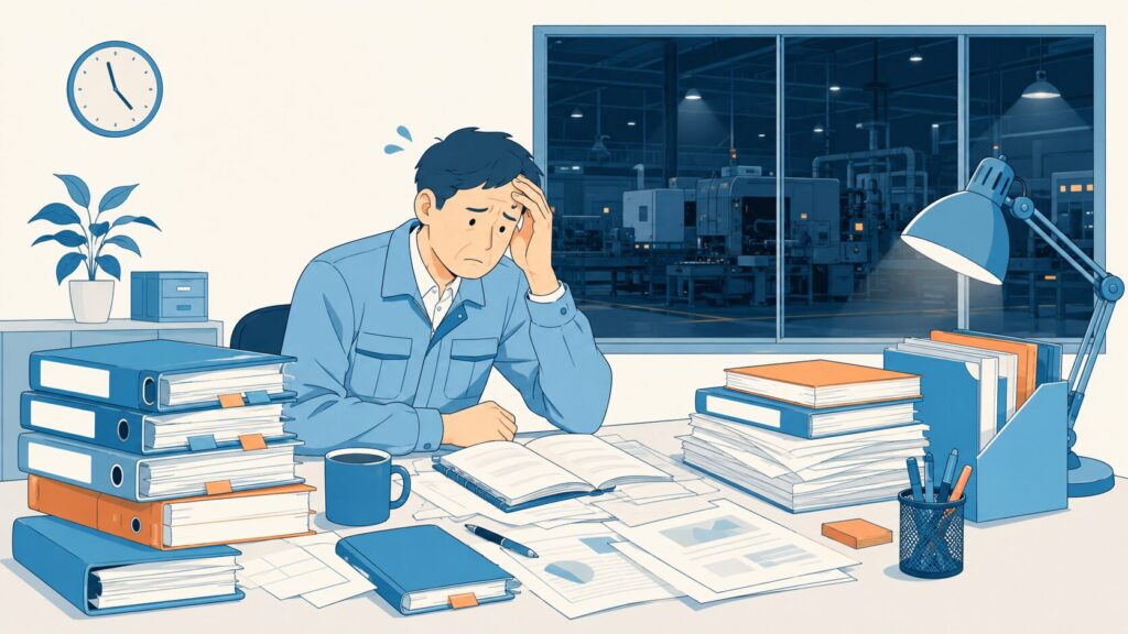 夜遅く一人で机に座り、積み上がった未読のバインダーに囲まれて途方に暮れる工場の管理者のイラスト