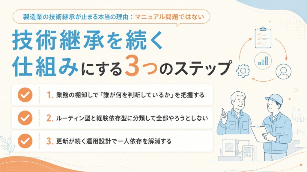 技術継承を続く仕組みにする3ステップ：①業務の棚卸し ②ルーティン型と経験依存型に分類 ③更新が続く運用設計